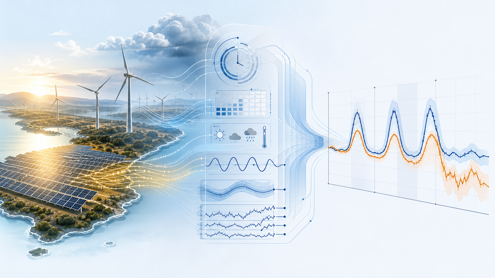 Conceptual overview of the Part 2 workflow. Solar and wind generation data are transformed using weather, time, cyclical, rolling, and lagged features before an ARIMAX baseline is compared with Spain's day-ahead TSO forecast. Image was generated using AI.